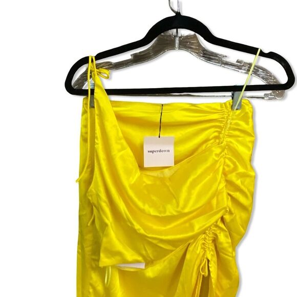 Superdown kristy ruched skirt set Yellow Dress satin two piece top Revolve XS - Picture 6 of 11
